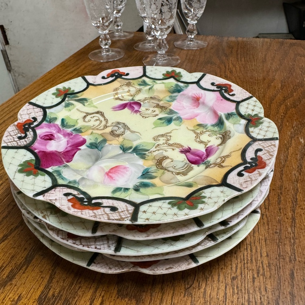 Antique 1920’s -30s hand painted Japanese Floral Porcelain Dinner Plates Set